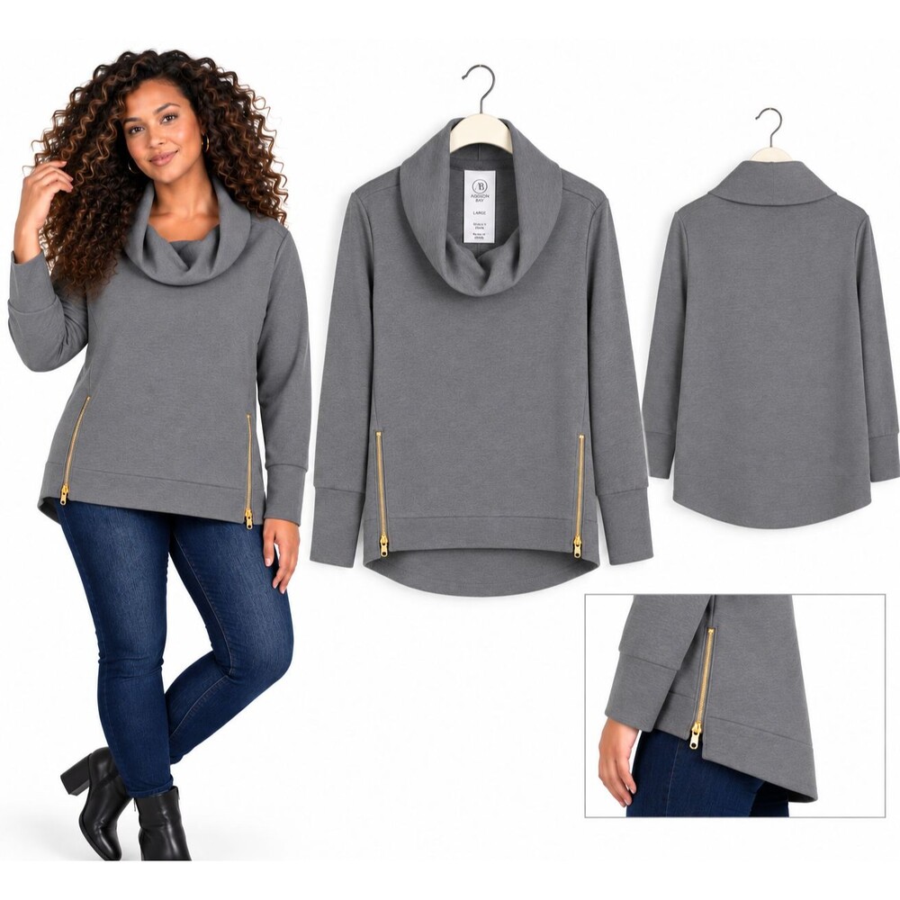 Addison Bay Cowl Neck Pullover Top Size Large Gold Side Zip Charcoal Gray